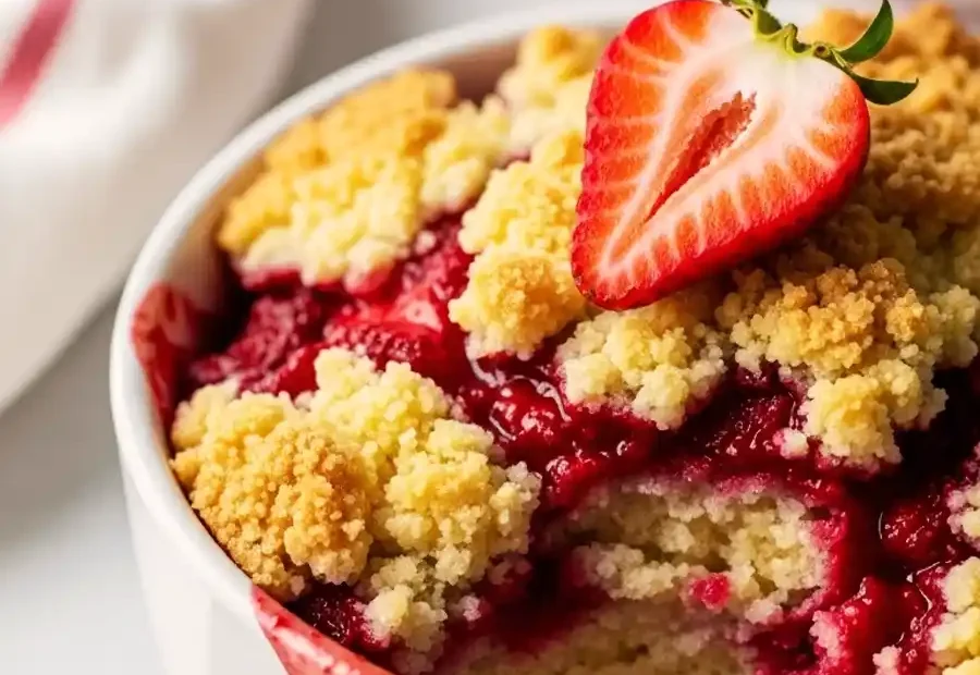 A close up shot of a bowl of strawberry cobbler with golden cake crumbs and red glaze topped with a sliced strawberry.