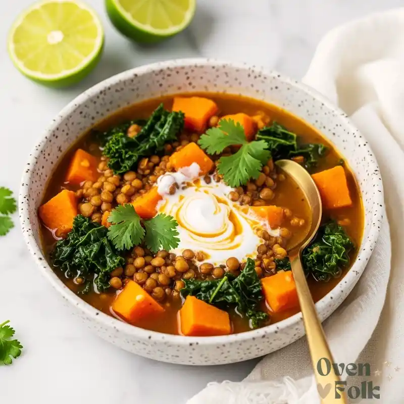An overhead view of a bowl of sweet potato and lentil stew with kale, fresh cilantro, and a swirl of coconut milk on a marble tabletop.
