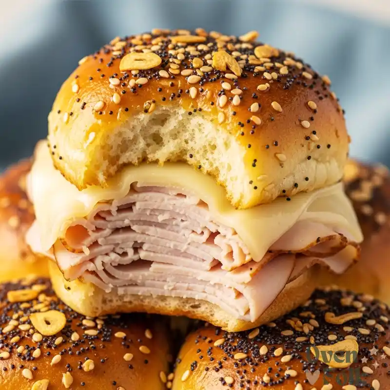 A close-up stack of turkey and melted Swiss cheese sliders on Hawaiian rolls topped with everything bagel seasoning.