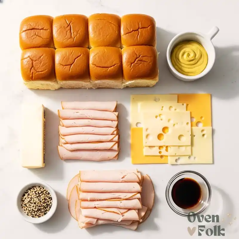 A top-down flat lay of ingredients for turkey and cheese sliders including Hawaiian rolls, deli turkey, Swiss cheese, and seasonings on a white marble background.