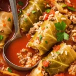 A close-up high-angle view of unstuffed cabbage roll soup with beef, rice, and cabbage in a white Dutch oven with a metal ladle.