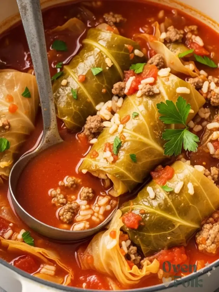 A close-up high-angle view of unstuffed cabbage roll soup with beef, rice, and cabbage in a white Dutch oven with a metal ladle.