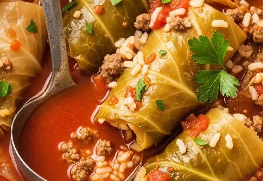 A close-up high-angle view of unstuffed cabbage roll soup with beef, rice, and cabbage in a white Dutch oven with a metal ladle.