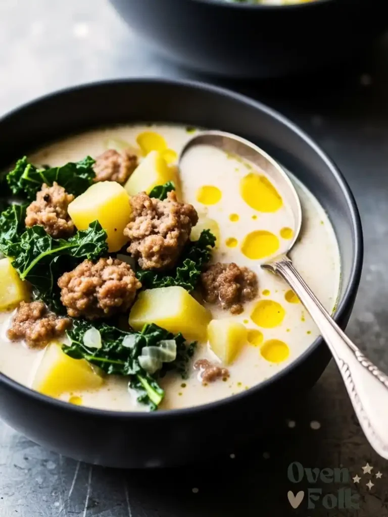 Creamy Zuppa Toscana soup in a black bowl filled with sausage, kale, and cubed potatoes.
