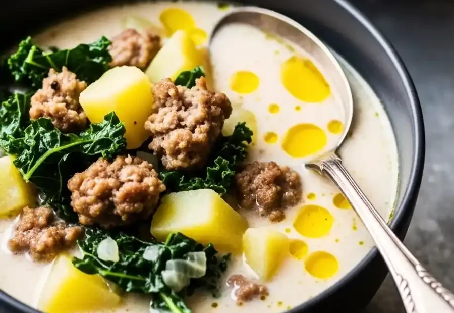 Creamy Zuppa Toscana soup in a black bowl filled with sausage, kale, and cubed potatoes.