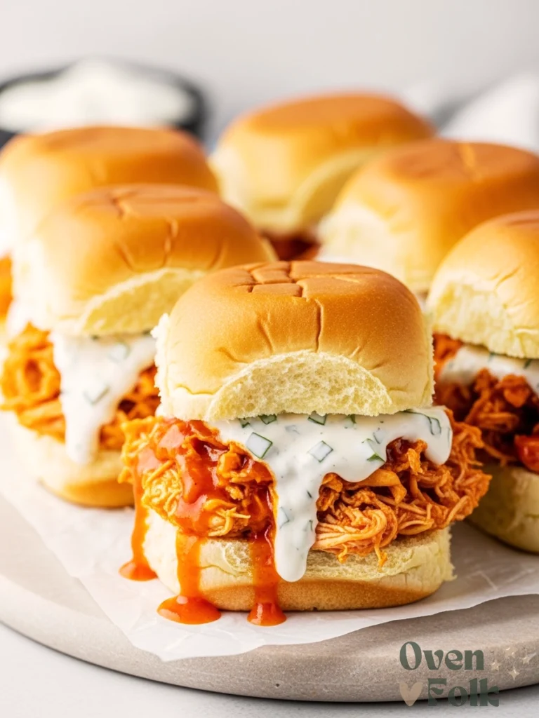 Shredded buffalo chicken sliders with creamy ranch sauce dripping over the side onto parchment paper.