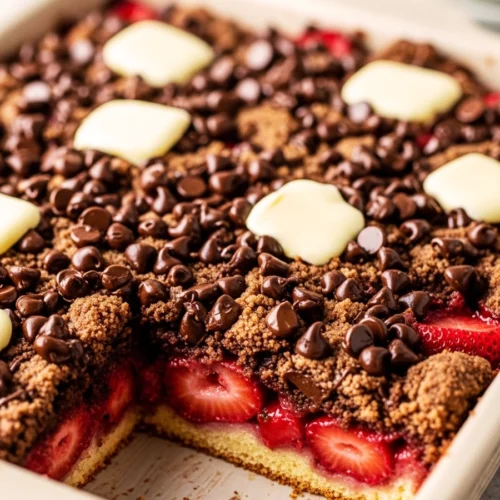 A chocolate strawberry dump cake in a baking dish with a slice removed, showing the juicy strawberry layer.