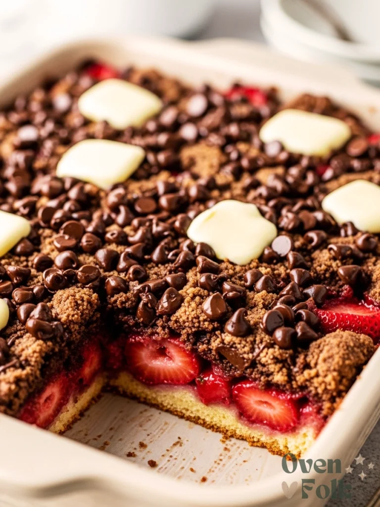 A chocolate strawberry dump cake in a baking dish with a slice removed, showing the juicy strawberry layer.