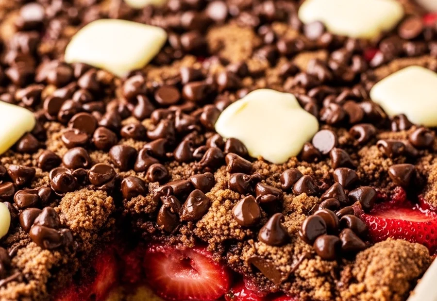A chocolate strawberry dump cake in a baking dish with a slice removed, showing the juicy strawberry layer.
