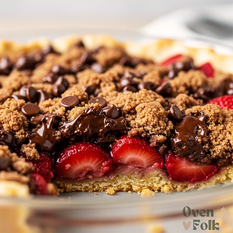 Close-up of a warm strawberry dump cake with a gooey, melted chocolate chip and crumb topping.