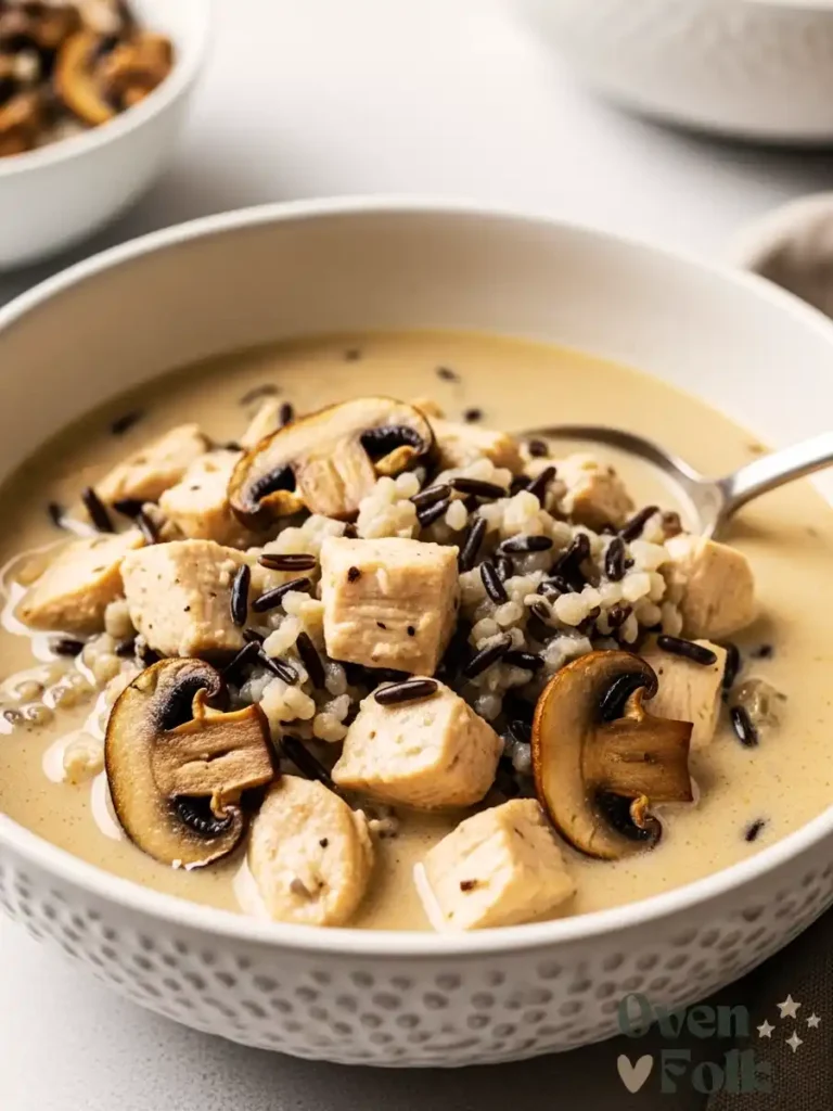 Creamy wild rice chicken soup with large roasted mushroom slices in a white bowl.