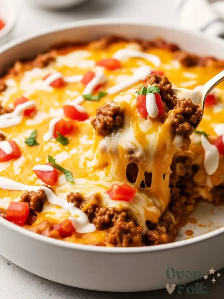 A spoonful of melted crockpot cheese dip with seasoned beef and diced tomatoes being lifted from the bowl.