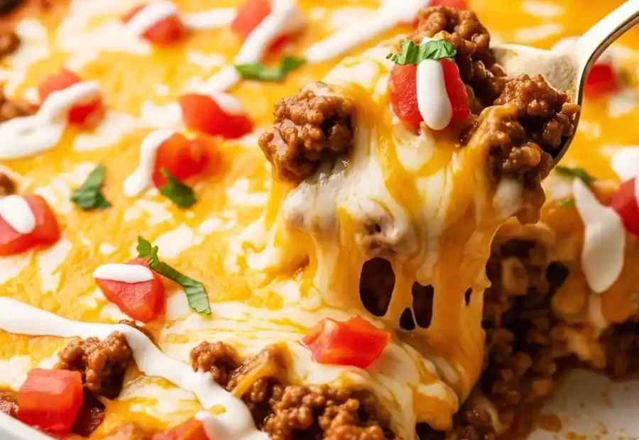 A spoonful of melted crockpot cheese dip with seasoned beef and diced tomatoes being lifted from the bowl.