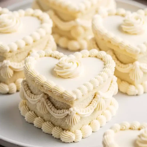 A group of white mini heart cakes with vintage Lambeth-style piping on a plate.