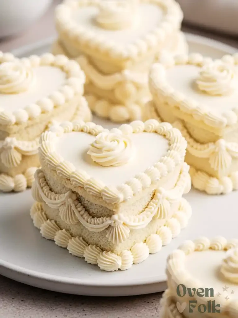 A group of white mini heart cakes with vintage Lambeth-style piping on a plate.