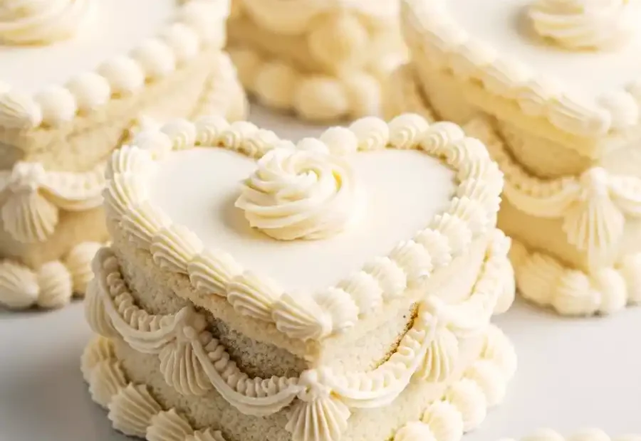 A group of white mini heart cakes with vintage Lambeth-style piping on a plate.
