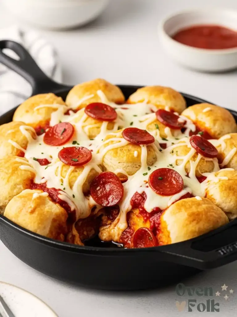 Pull-apart pizza dip in a cast iron skillet with golden rolls and pepperoni.
