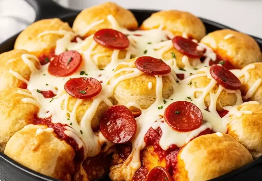 Pull-apart pizza dip in a cast iron skillet with golden rolls and pepperoni.
