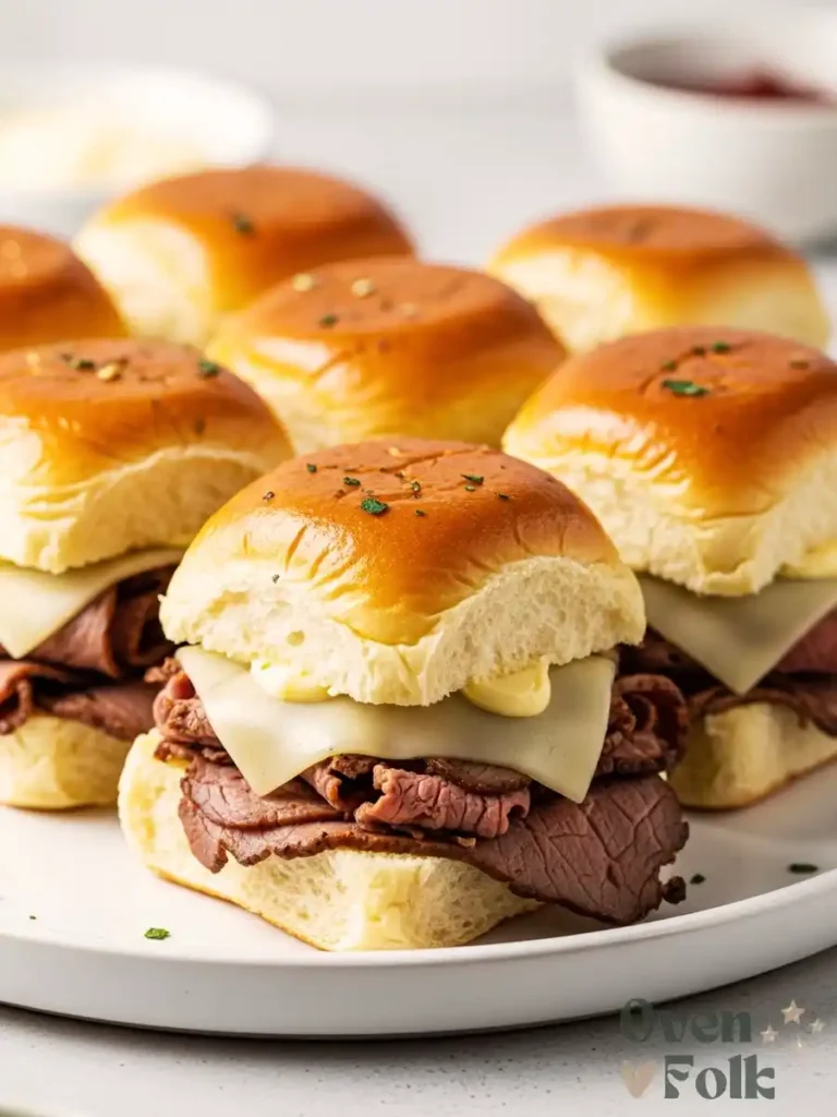 Roast beef and swiss sliders with melted cheese on soft toasted rolls.
