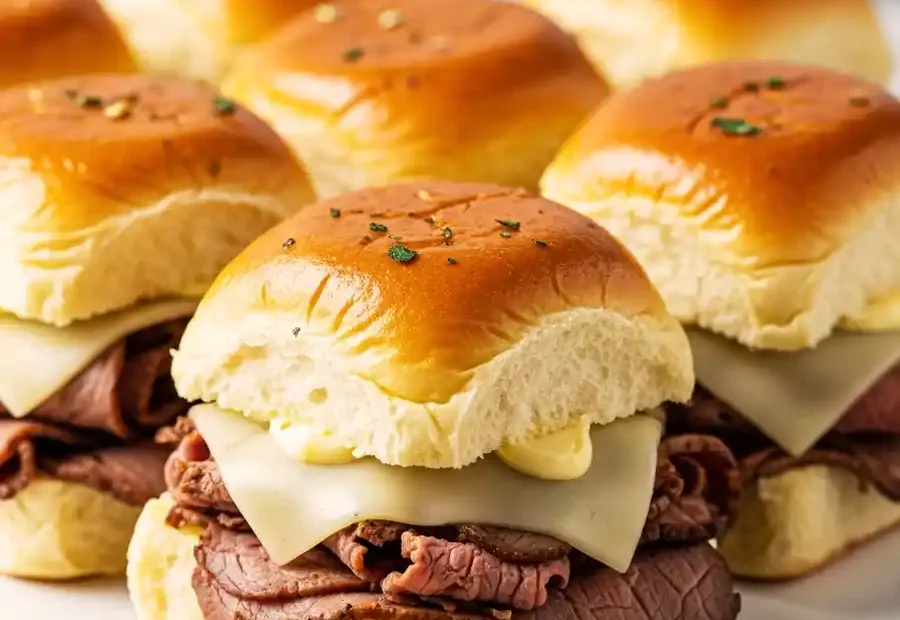 Roast beef and swiss sliders with melted cheese on soft toasted rolls.