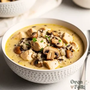 A garnished bowl of healthy creamy wild rice and chicken soup with sliced mushrooms.