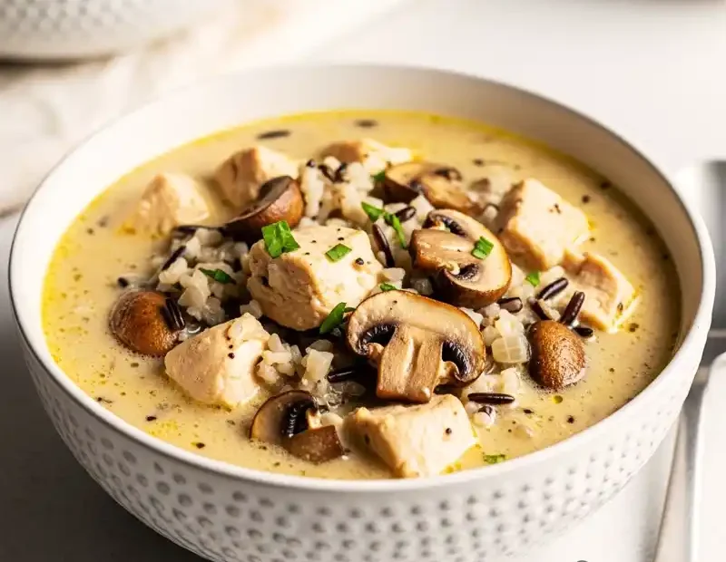 A garnished bowl of healthy creamy wild rice and chicken soup with sliced mushrooms.