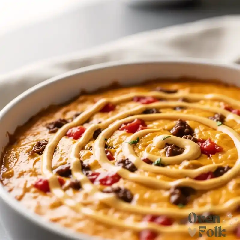 Close-up top-down view of a bowl of cheesy dip with a swirl of sauce, seasoned beef, and tomato garnish.