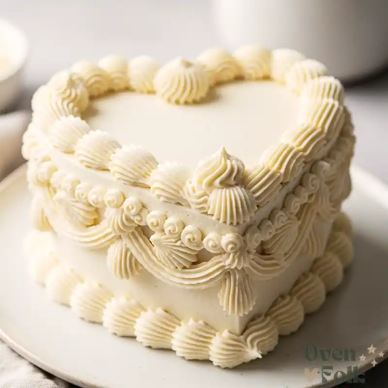 Close-up of a single white vintage heart cake with detailed Lambeth piped scallops.