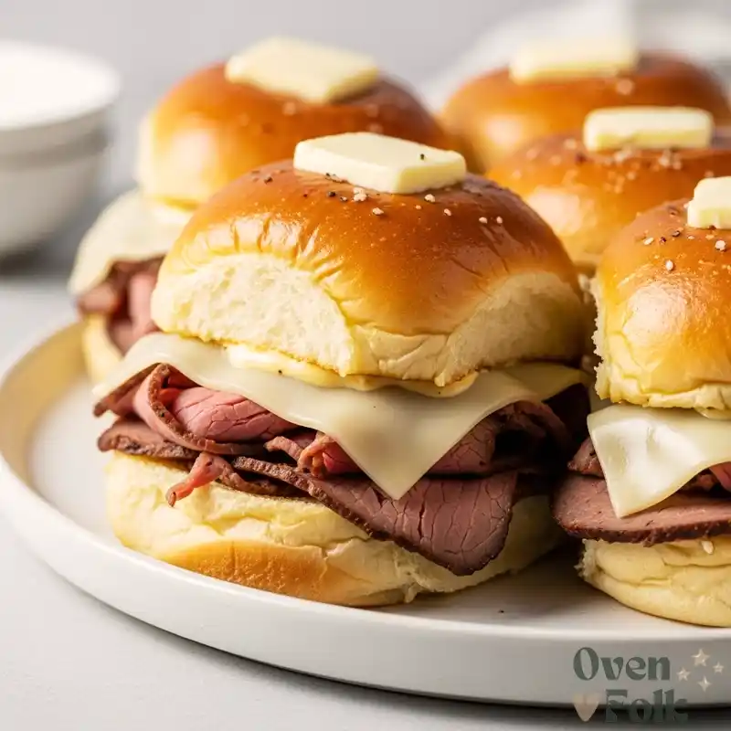Close-up of savory roast beef sliders topped with butter before being baked.