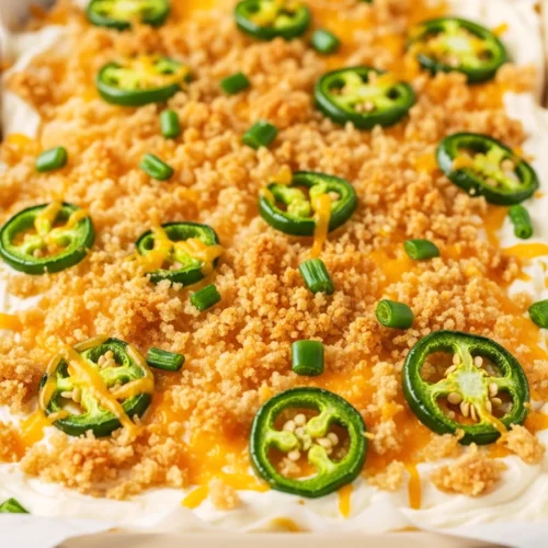 Jalapeño popper dip in a baking dish layered with crumb topping and sliced jalapeños before baking.