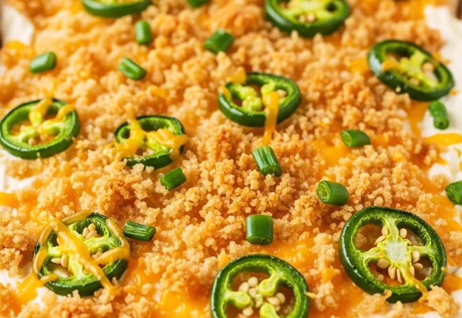 Jalapeño popper dip in a baking dish layered with crumb topping and sliced jalapeños before baking.