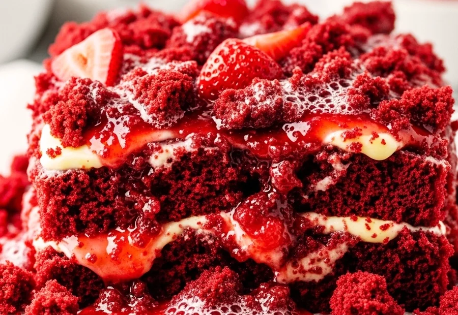 A full strawberry red velvet dump cake with creamy layers, sliced strawberries, and a crumb topping.