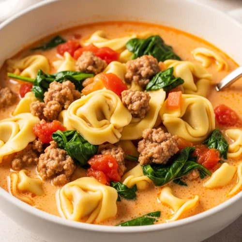 A white bowl of creamy tortellini soup with Italian sausage, fresh spinach, and diced tomatoes.