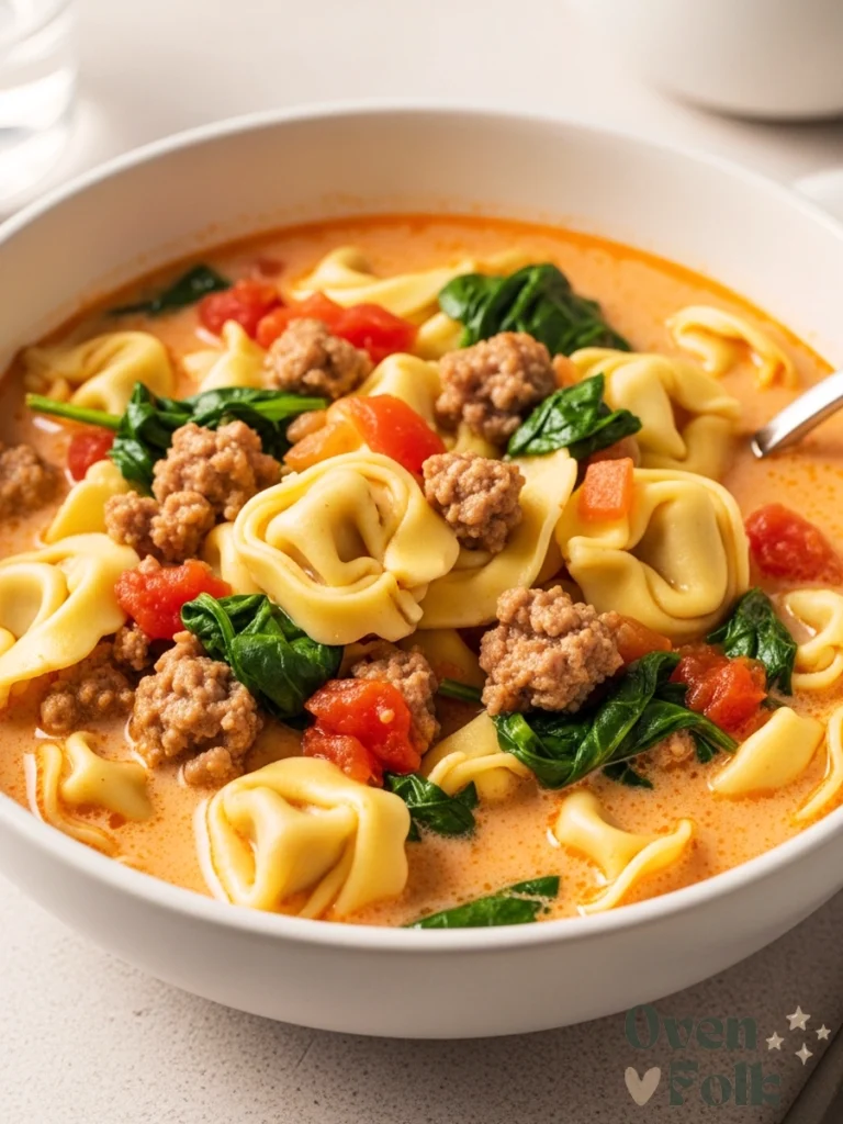 A white bowl of creamy tortellini soup with Italian sausage, fresh spinach, and diced tomatoes.