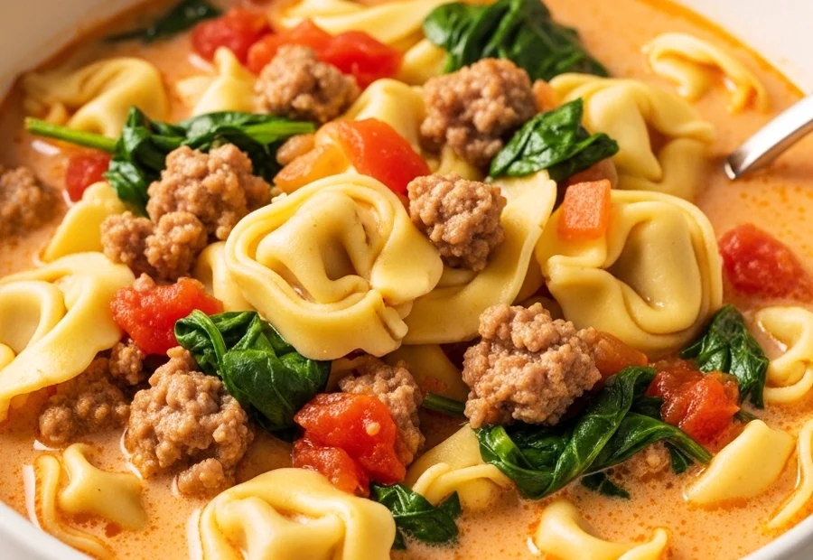 A white bowl of creamy tortellini soup with Italian sausage, fresh spinach, and diced tomatoes.