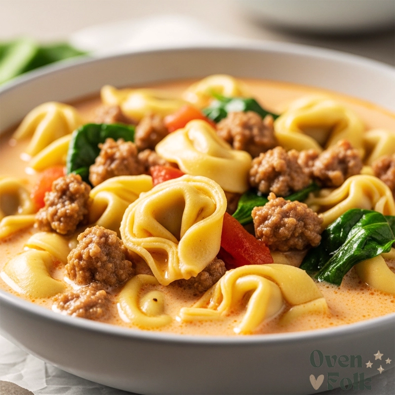 Close-up of cheese tortellini, crumbled Italian sausage, and spinach in a creamy tomato broth.