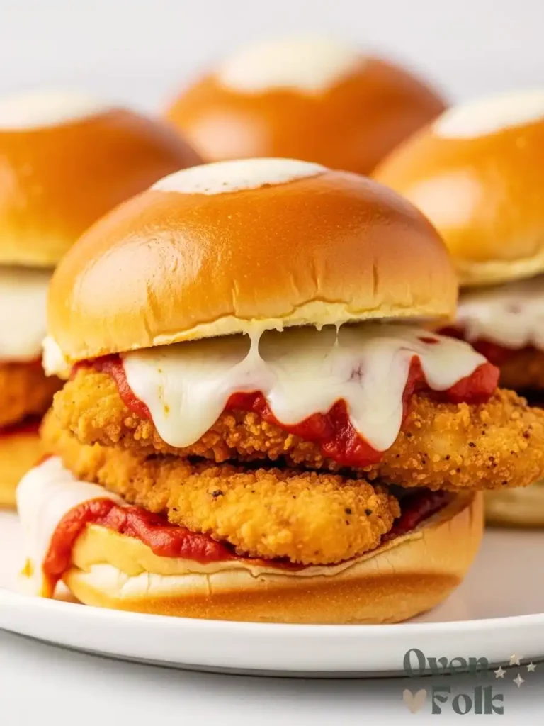 Close-up of a homemade chicken parmesan slider. A quick appetizer recipe made with crispy chicken tenders and marinara.